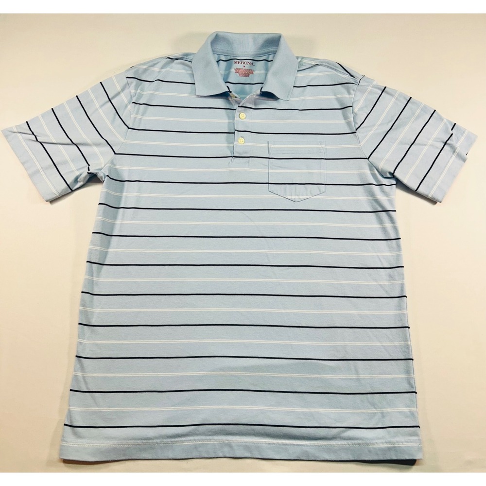 Merona Mens Polo Shirt Medium‎ Light Blue Striped Short Sleeve Chest Pocket